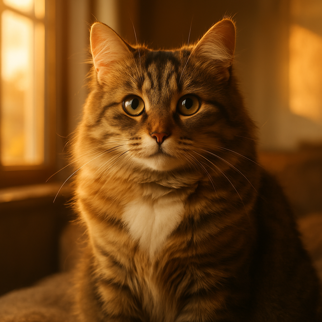 A tabby cat with a heart-shaped patch, sitting by a window.