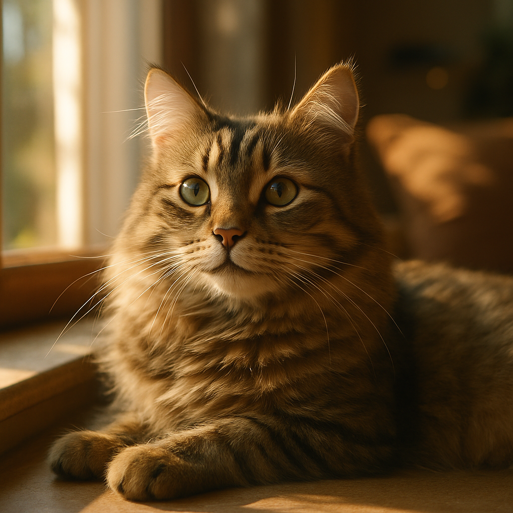 A relaxed tabby cat basking in the sun on a windowsill.