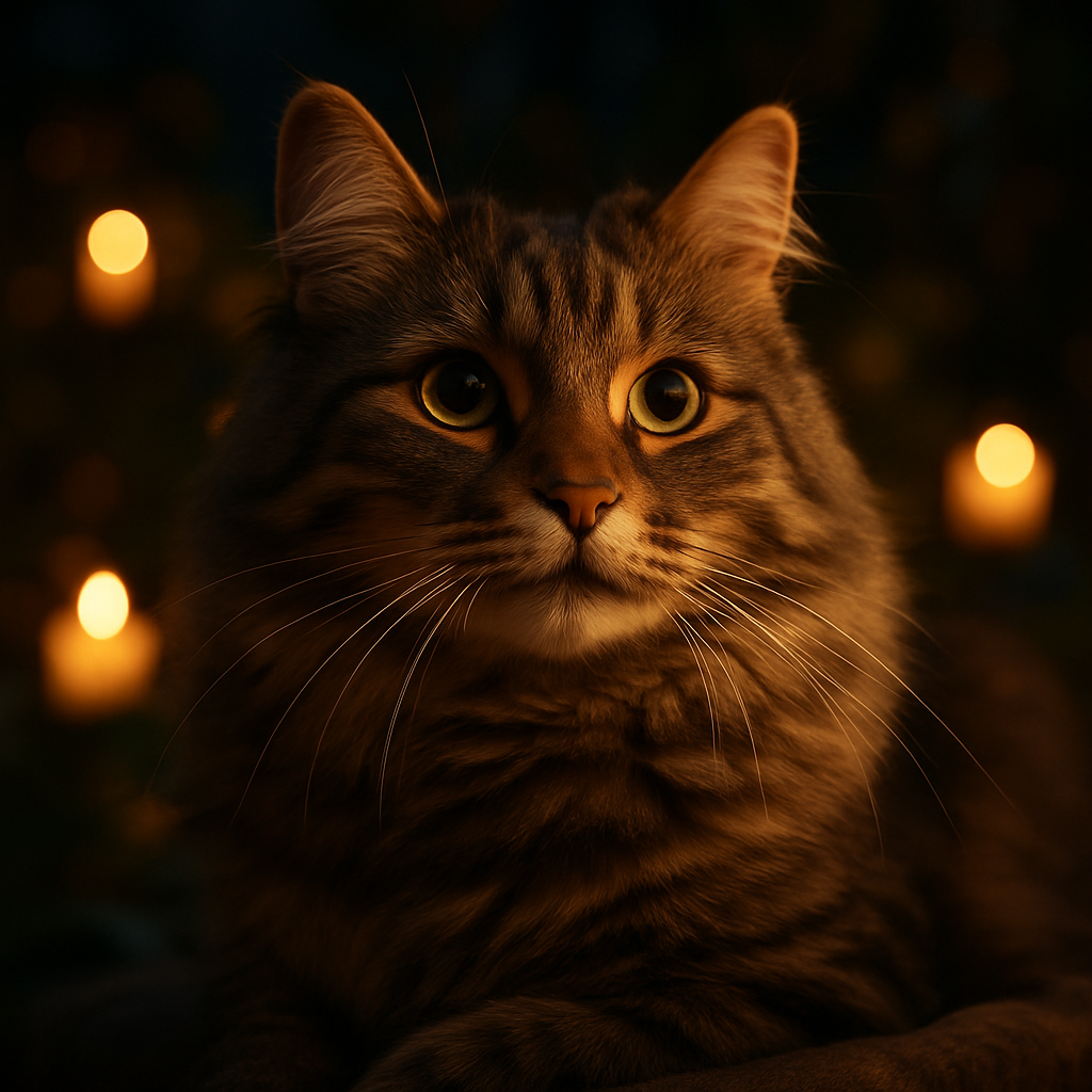 A fluffy tabby cat exploring a garden at twilight