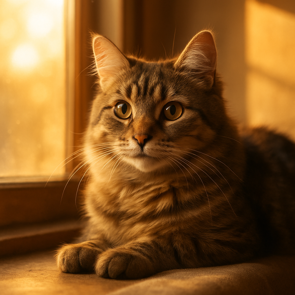 Tabby cat basking in the sun on a windowsill.