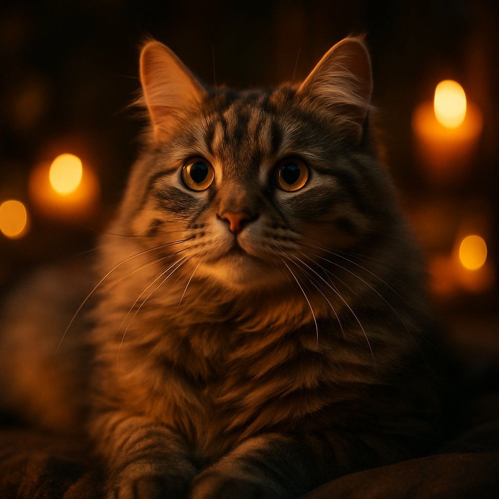 A fluffy gray tabby cat exploring a moonlit garden.