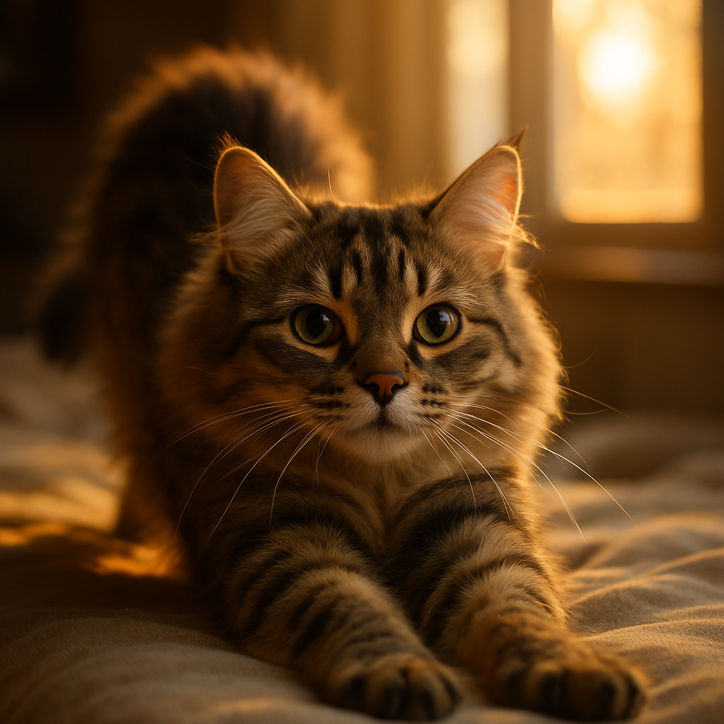 A tabby cat stretching in the morning sunlight.