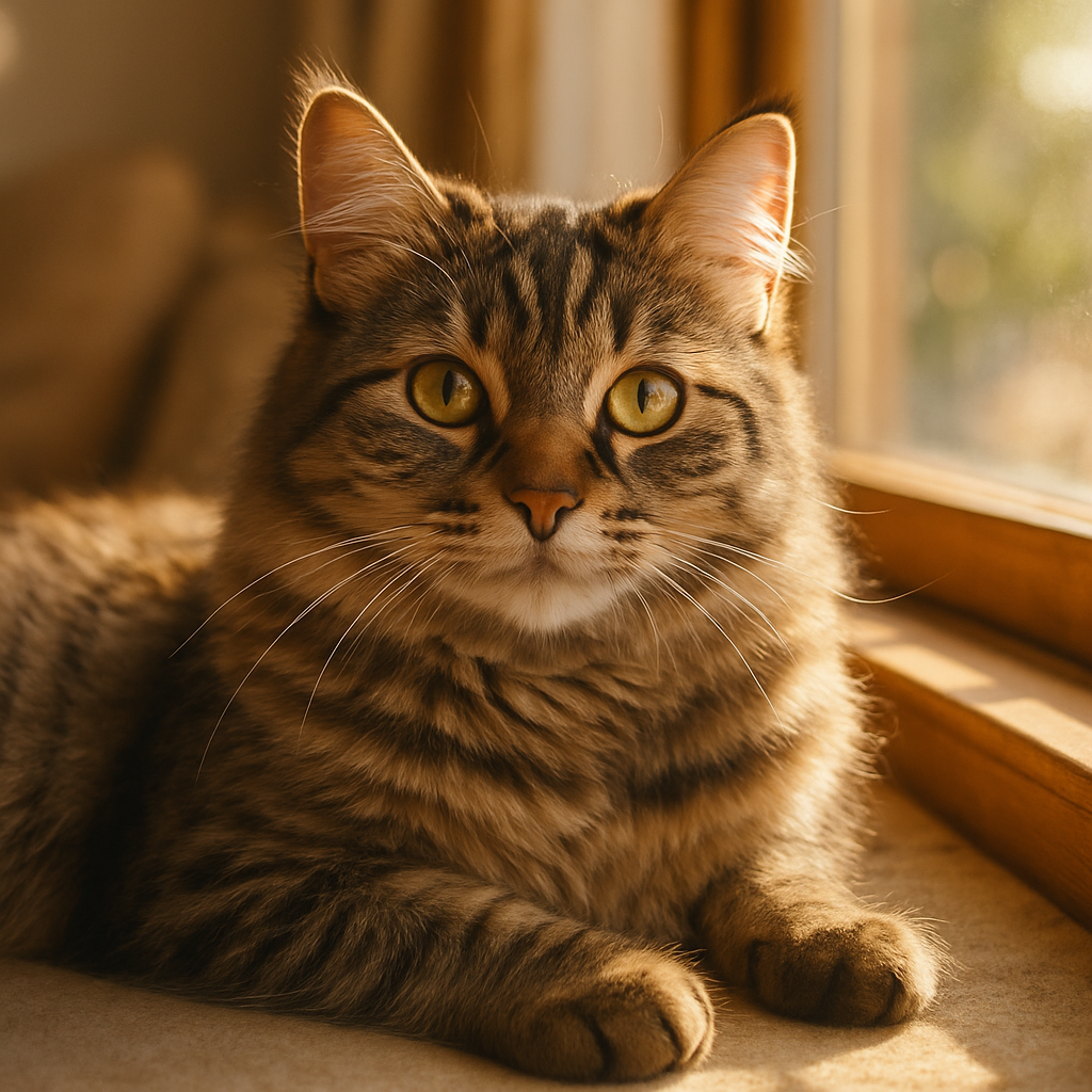 A tabby cat lounging in a sunny window