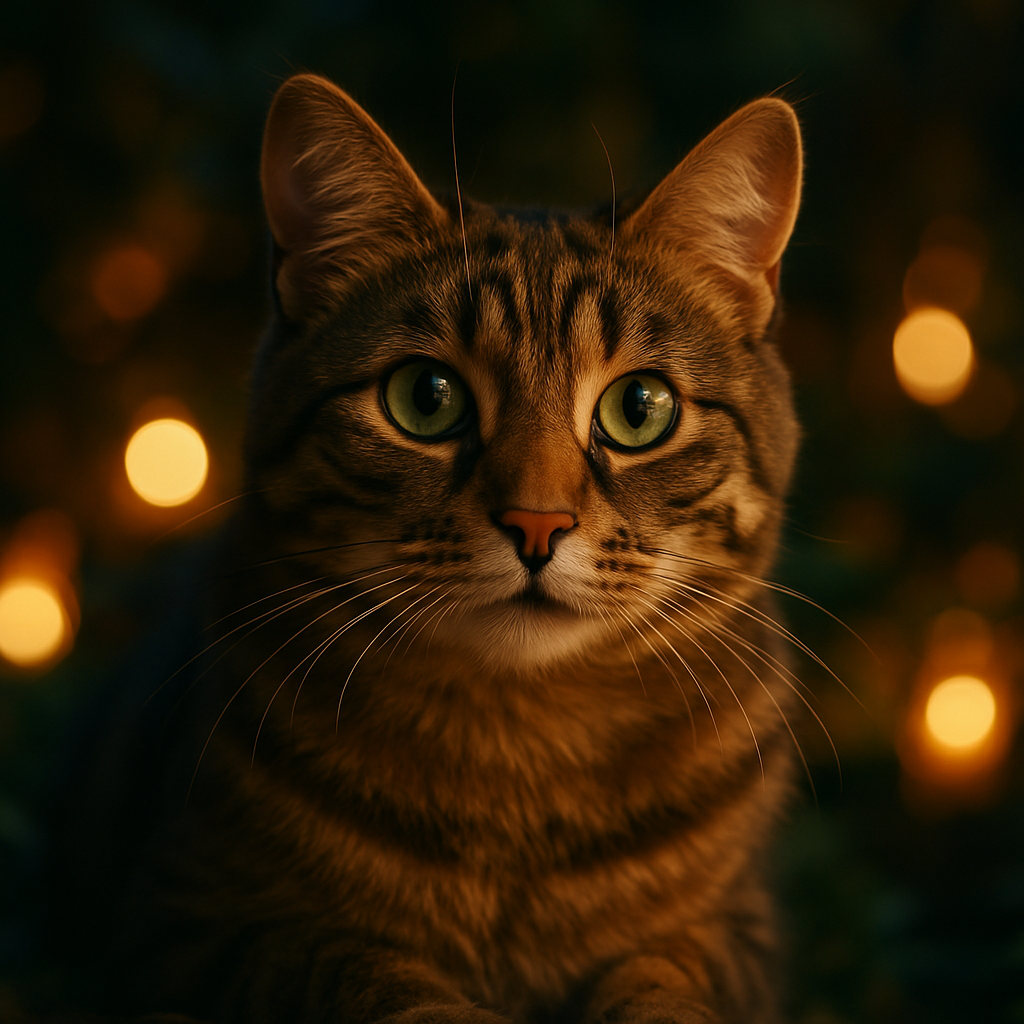A tabby cat with green eyes exploring a garden at twilight