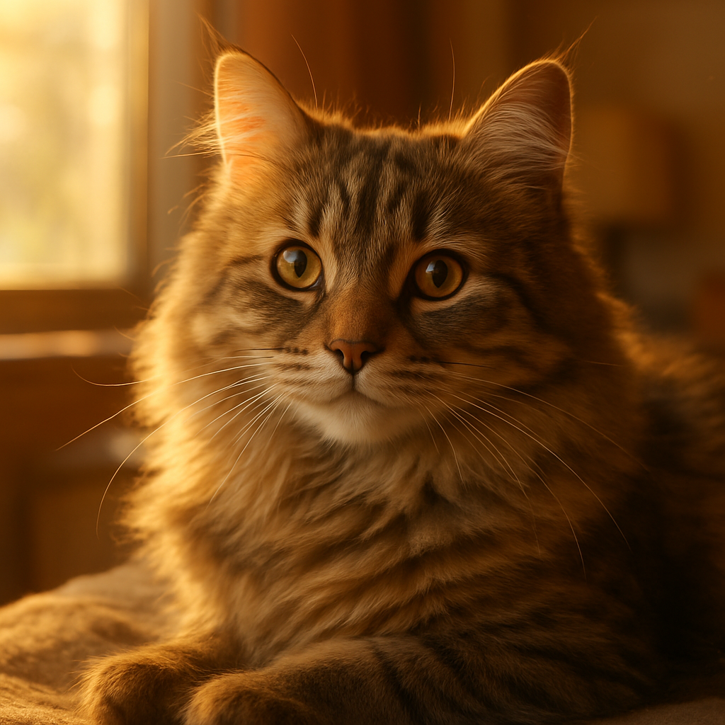 A fluffy tabby cat basking in morning sunlight.