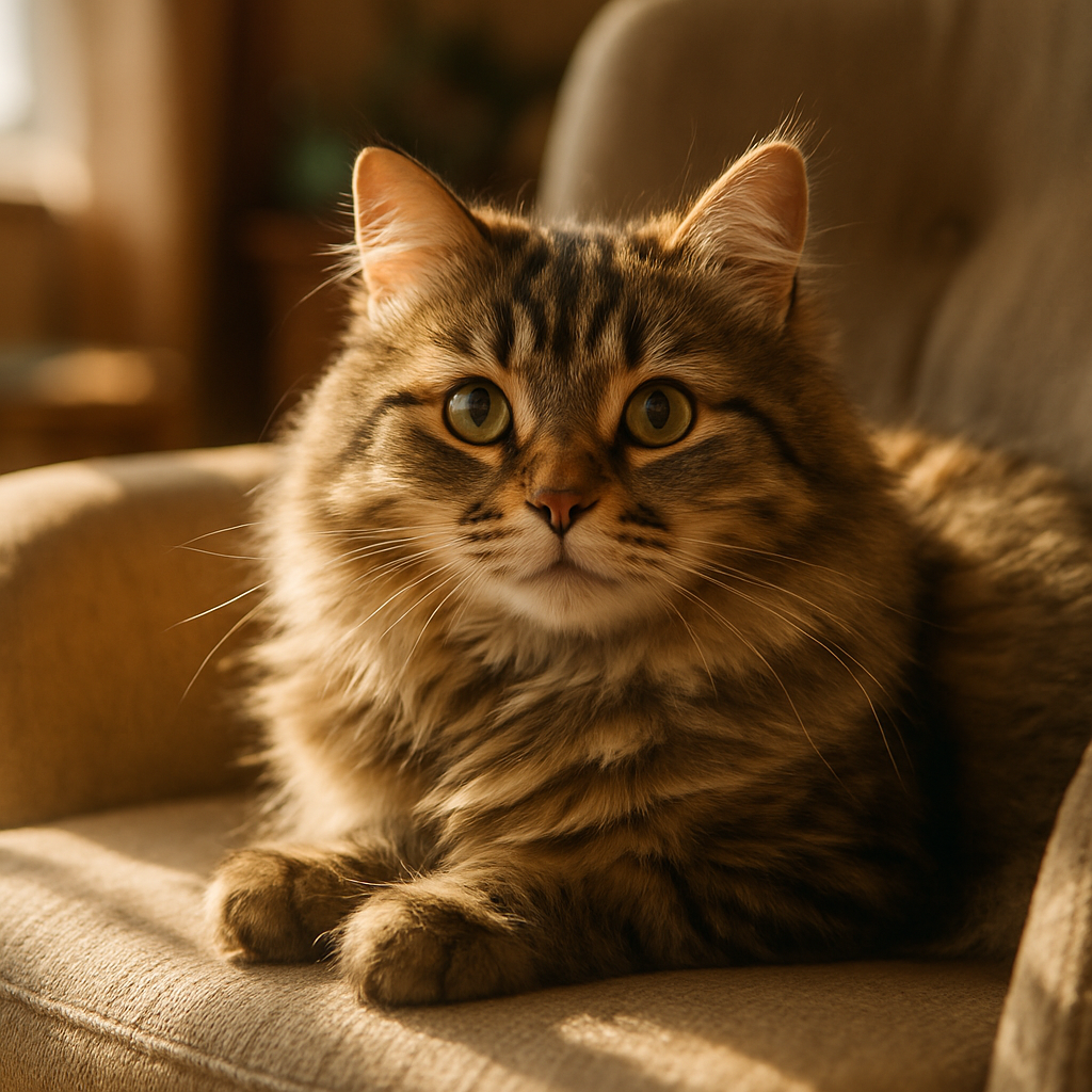 Fluffy tabby cat sunbathing on a cozy armchair.
