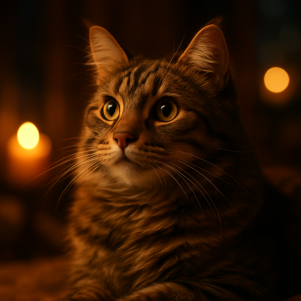 A tabby cat gazing at the moonlit garden.