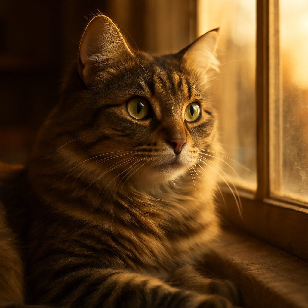 Tabby cat with green eyes looking through a window