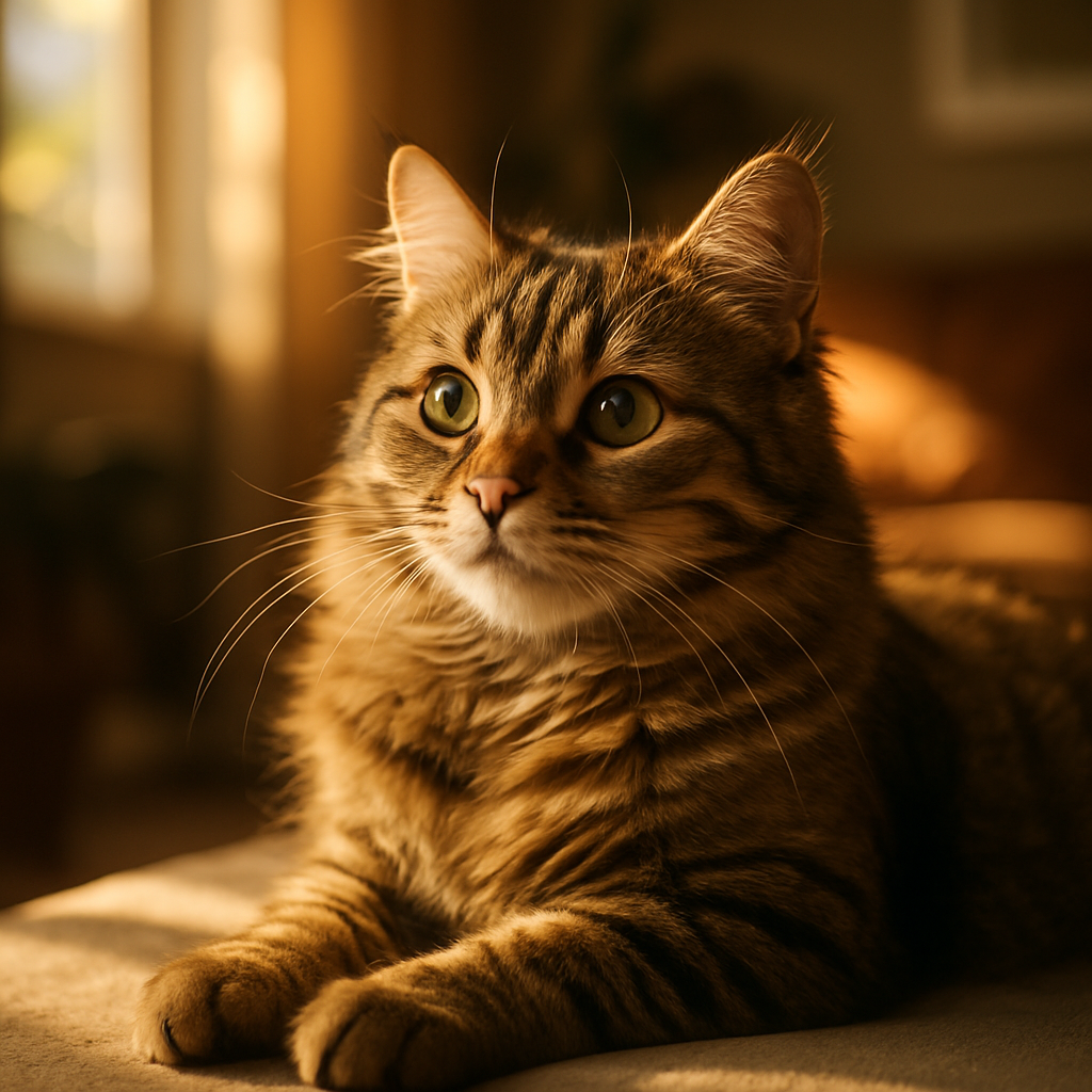 A tabby cat lounging happily in the sunbeam.