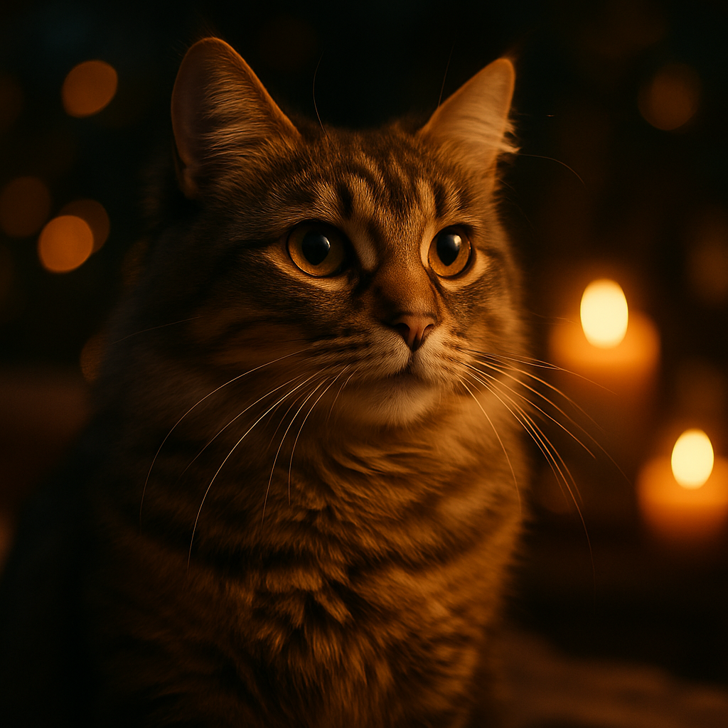 A tabby cat exploring a moonlit garden at night