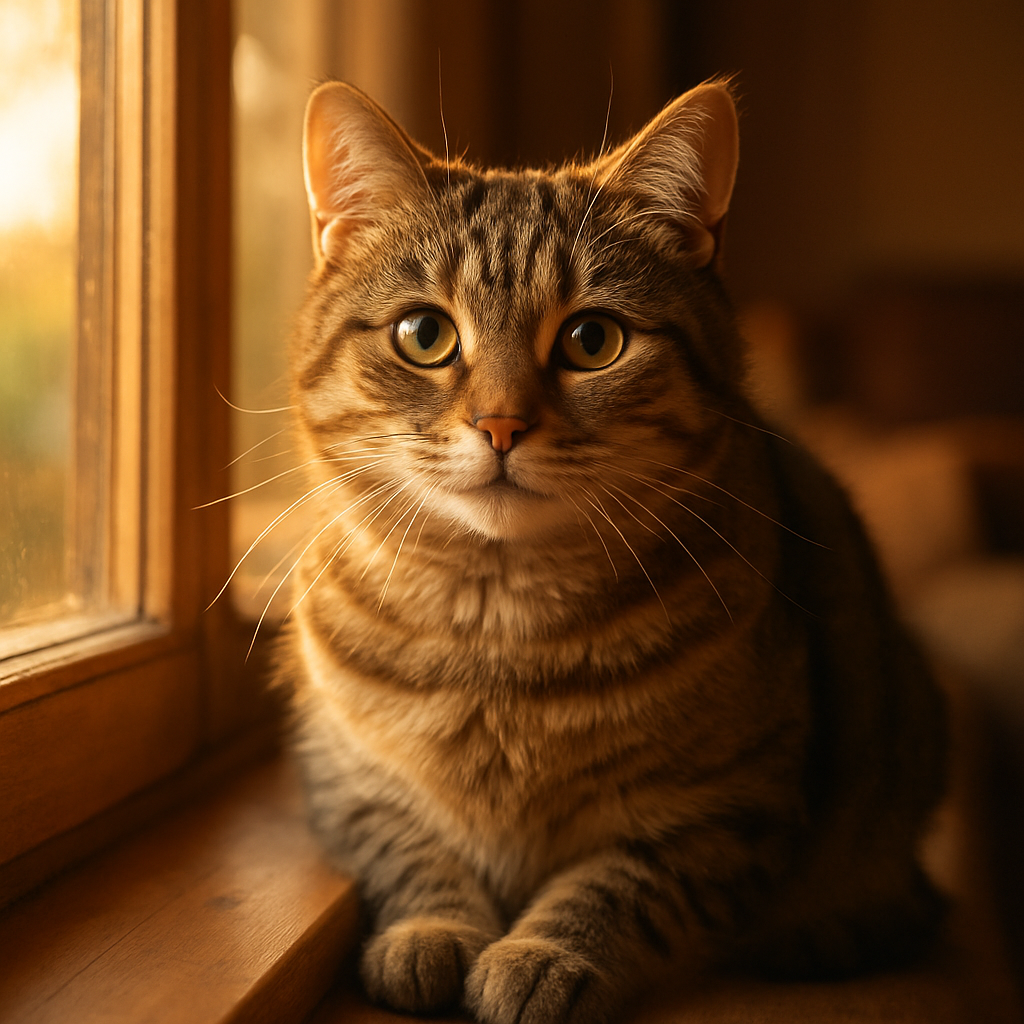 A tabby cat sitting on a sunny window sill.