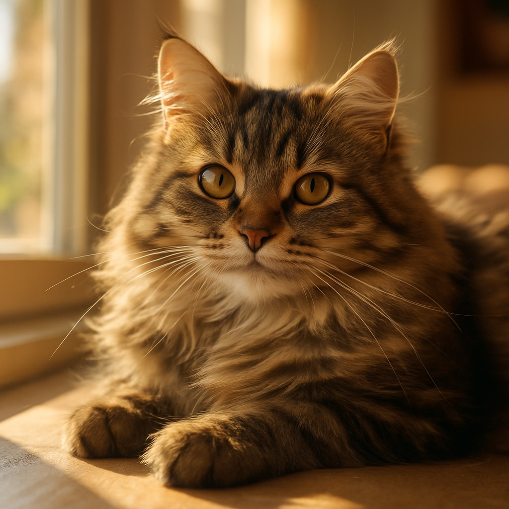 Fluffy tabby cat napping on a sunny windowsill