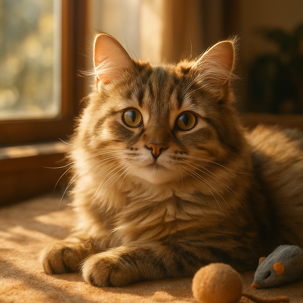 Cat napping by a sunny window with toys scattered around.