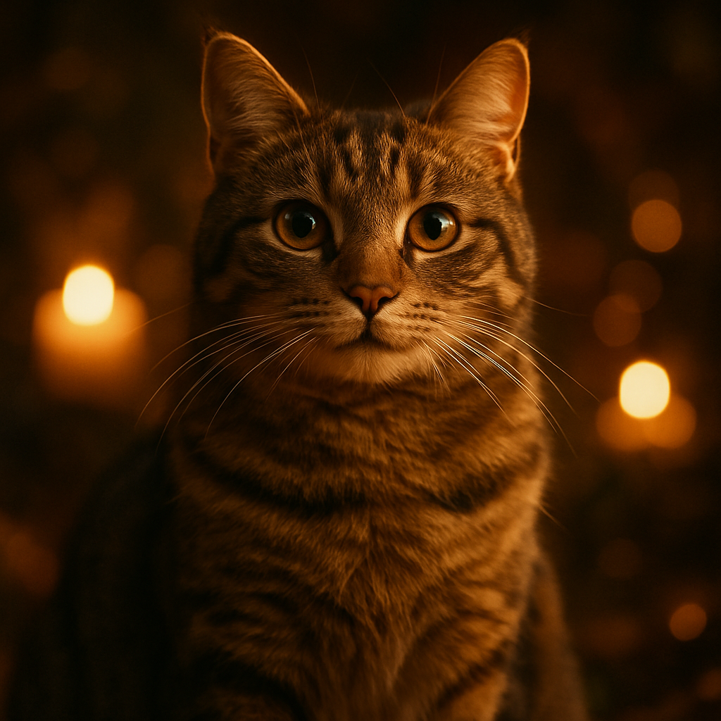 Content tabby cat sitting in a sunlit garden.