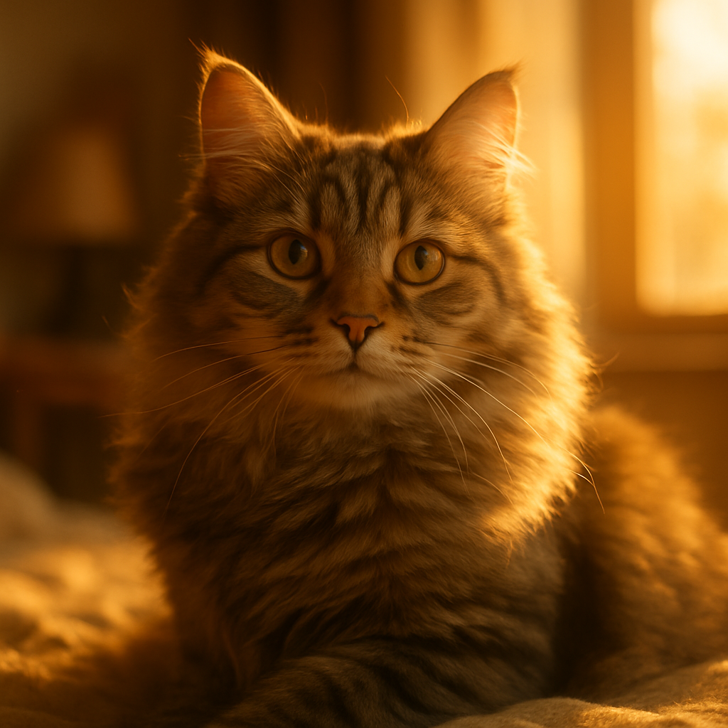 A fluffy tabby cat basking in morning sun.