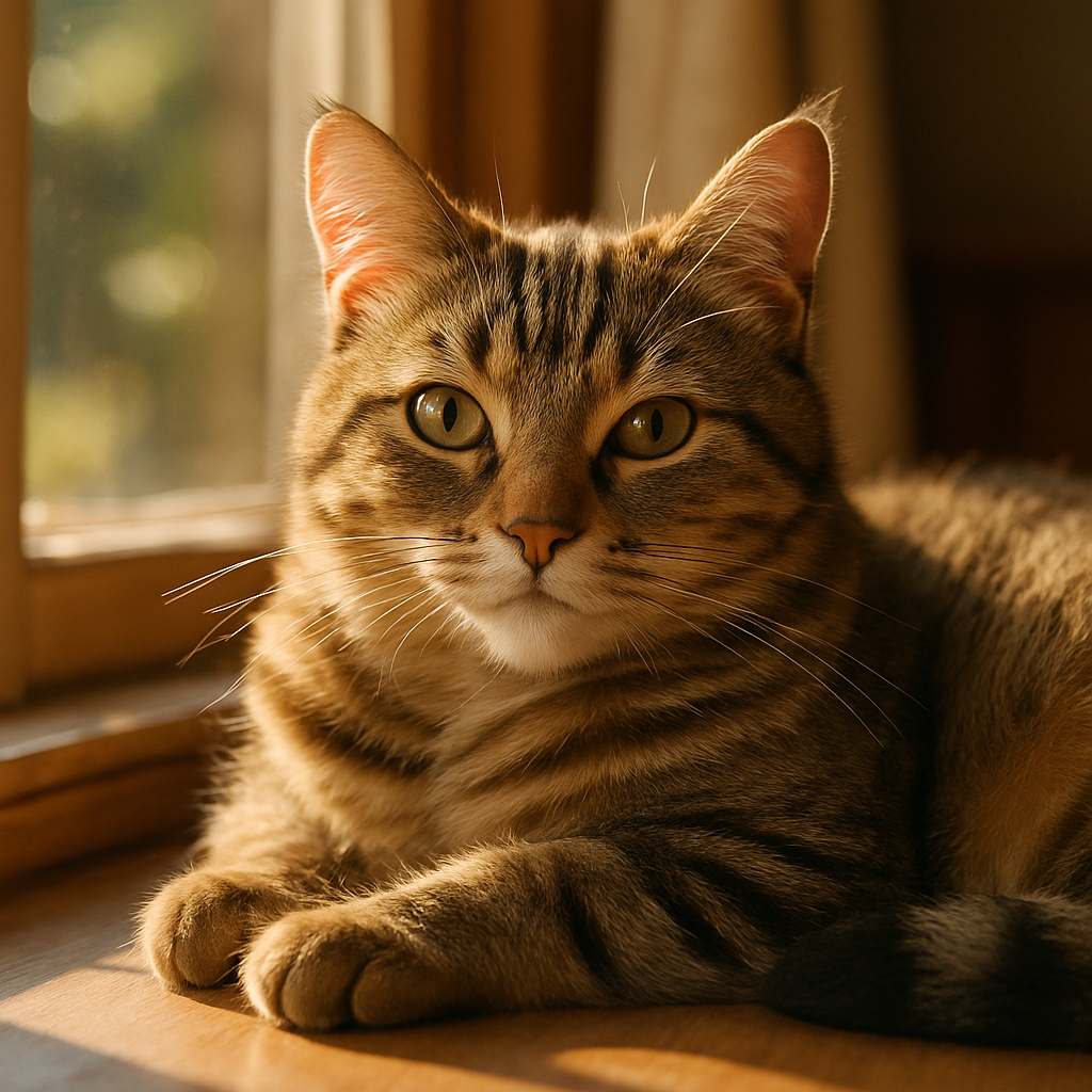 A content tabby cat napping in the sunlight on a windowsill.