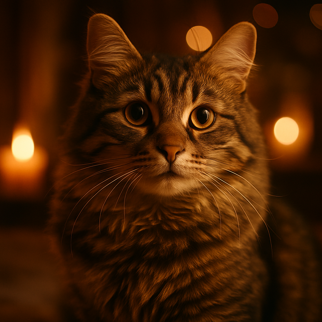 A tabby cat strolling under moonlight