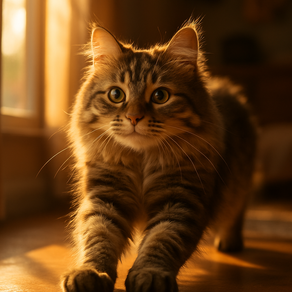 A fluffy tabby cat stretching in the morning sun.