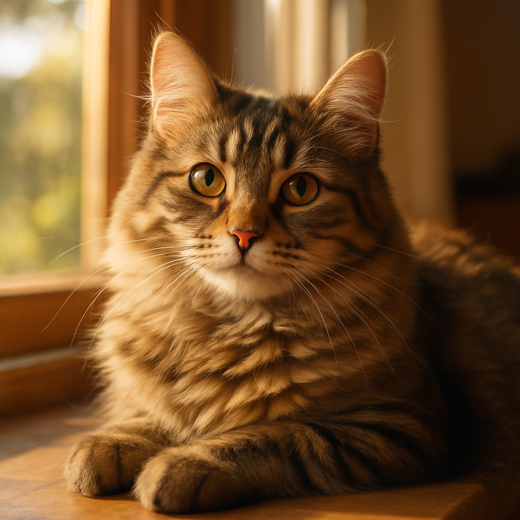 A fluffy tabby cat lounging on a sunny windowsill.