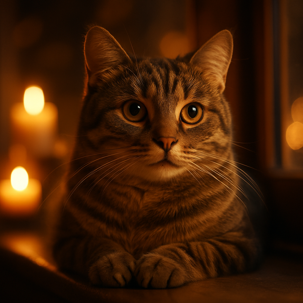 A tabby cat sitting on a windowsill at night.