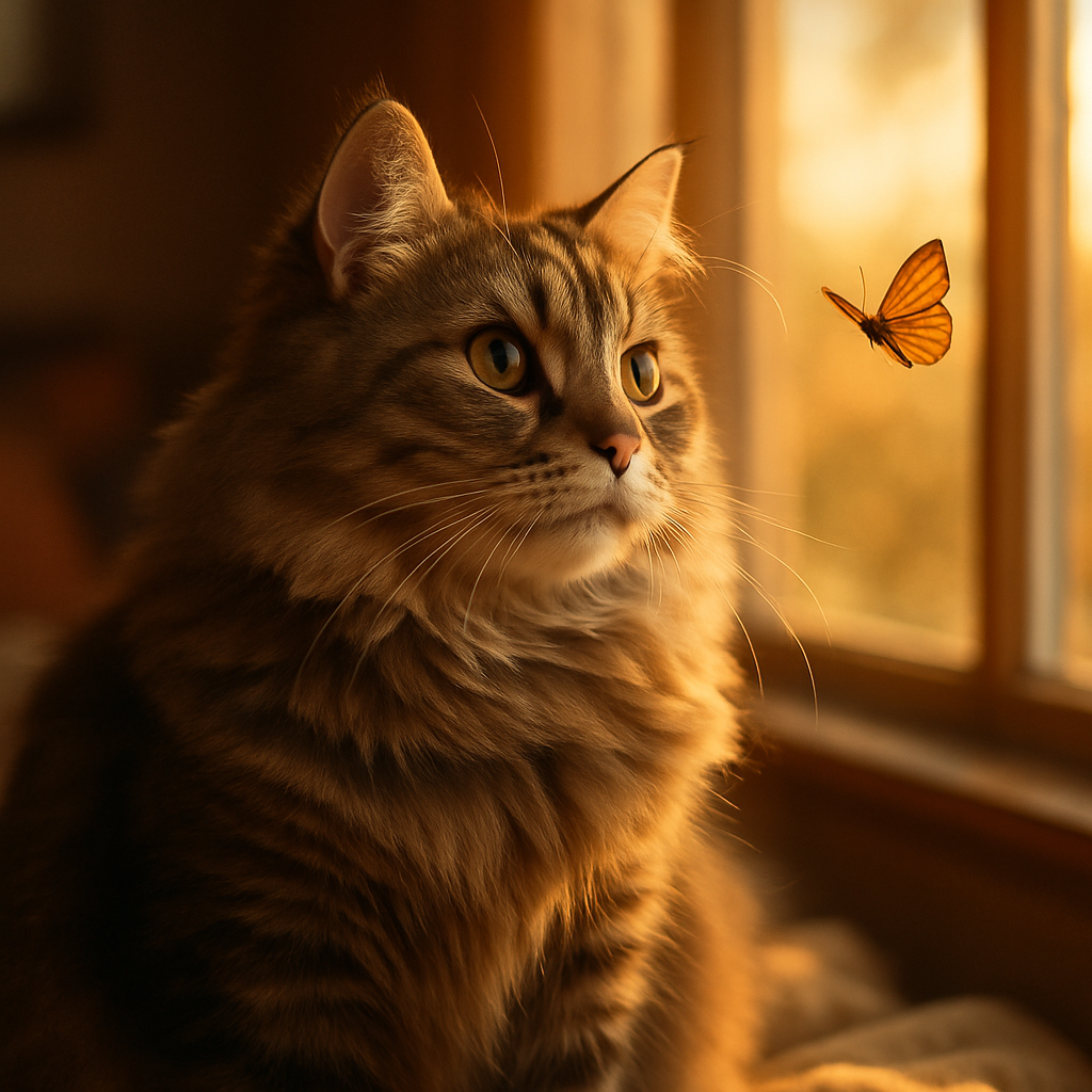 Fluffy tabby cat watching a butterfly by the window