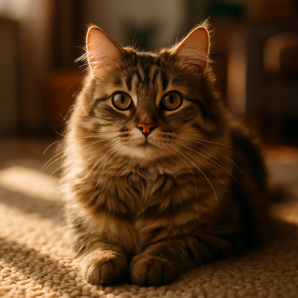 A fluffy tabby cat basking in a sunbeam on a carpet.