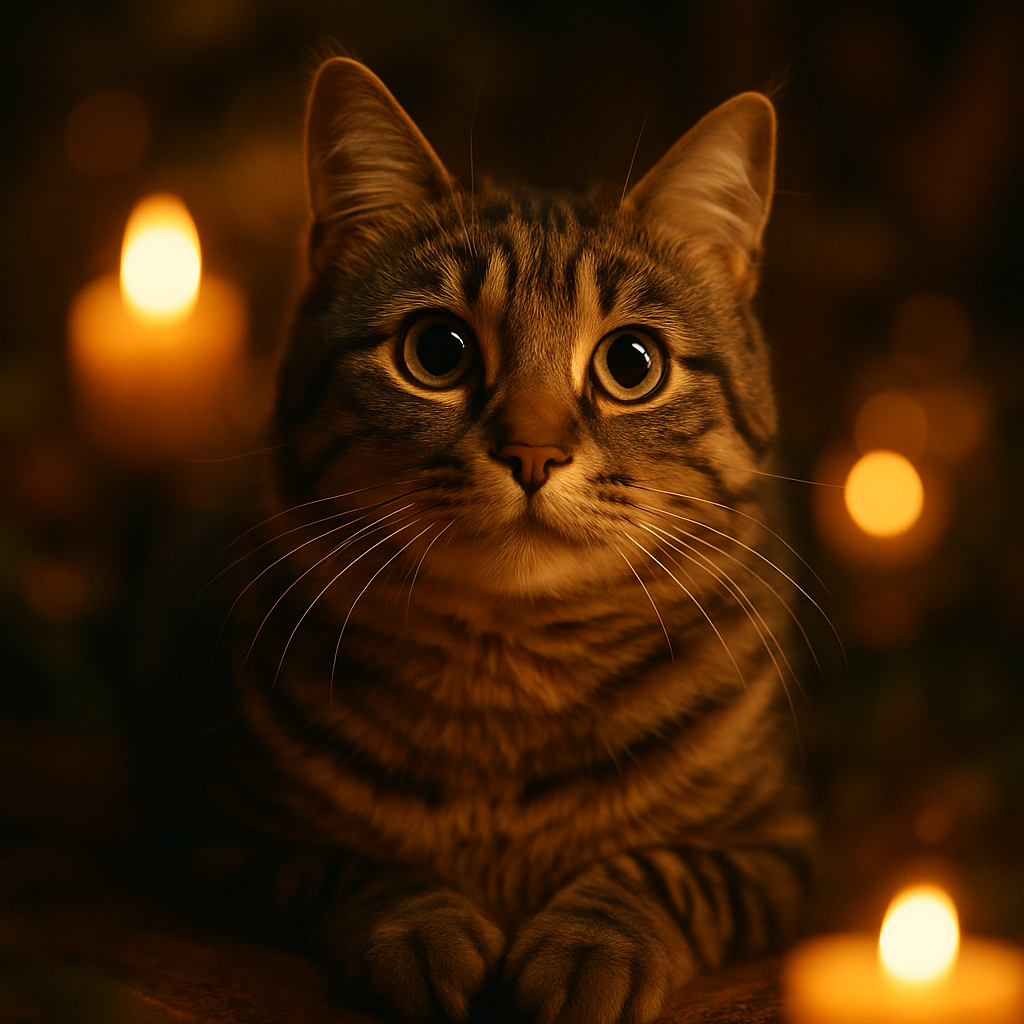 Tabby cat exploring a garden at dusk