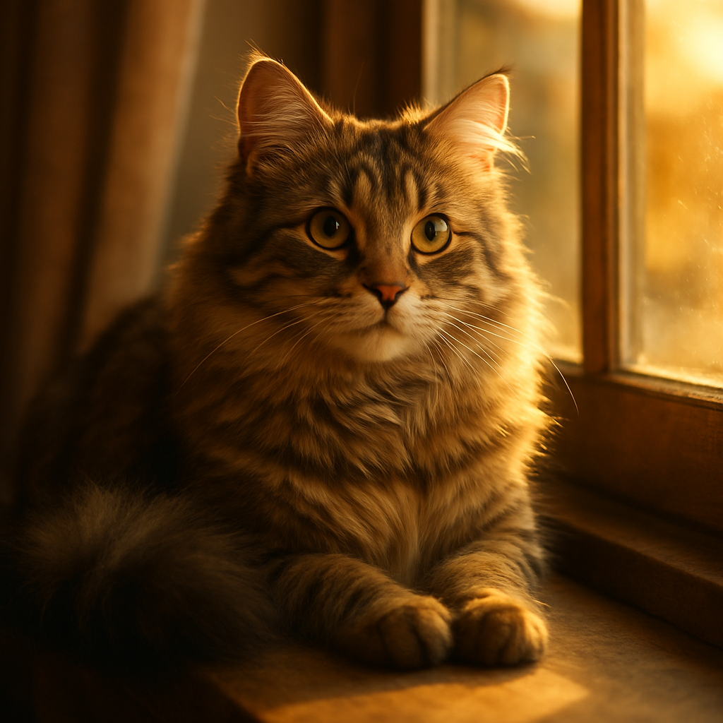 A fluffy tabby cat with a bushy tail lounging on a windowsill.
