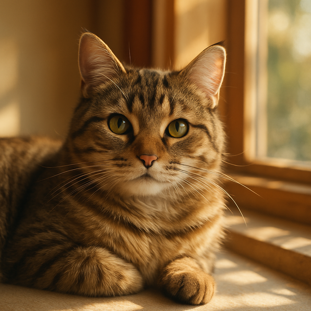 A tabby cat napping on a sunny windowsill.