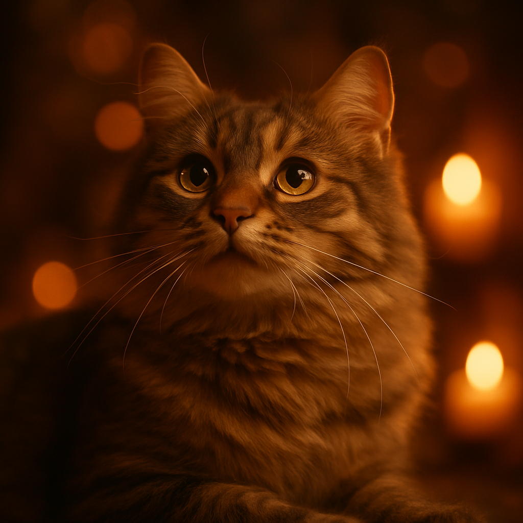 Whiskers the cat gazing at the moon from a tree branch