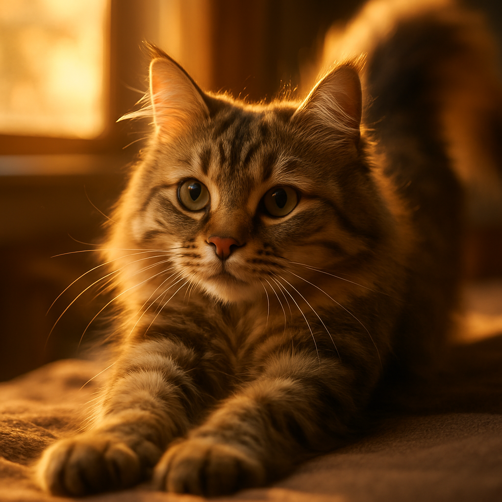 Fluffy tabby cat stretching in the morning sunlight