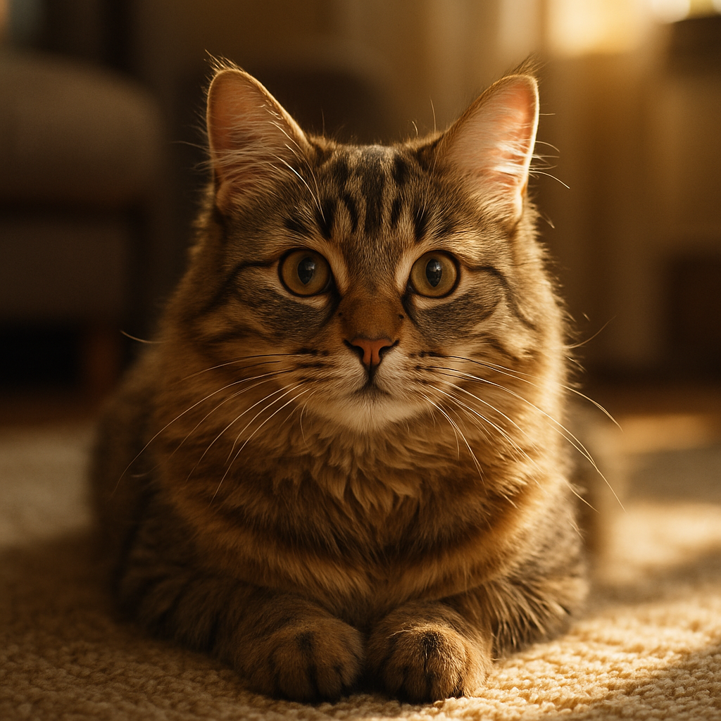 A tabby cat lounging in a sunbeam on a cozy carpet.