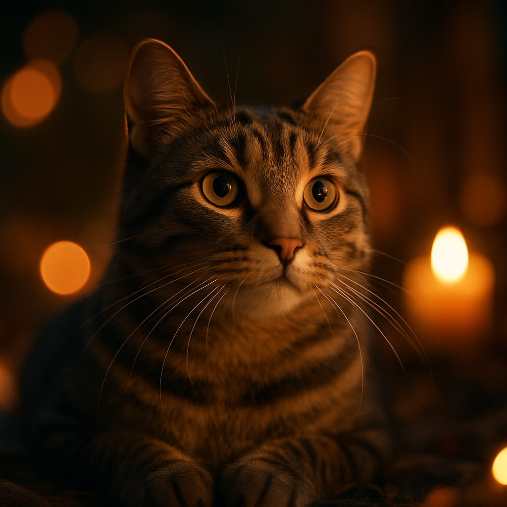 Milo the tabby cat exploring a moonlit garden