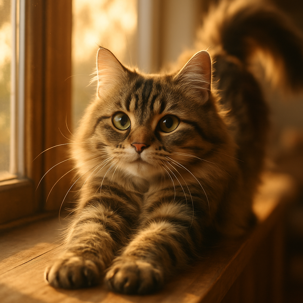 A fluffy tabby cat stretching on a windowsill