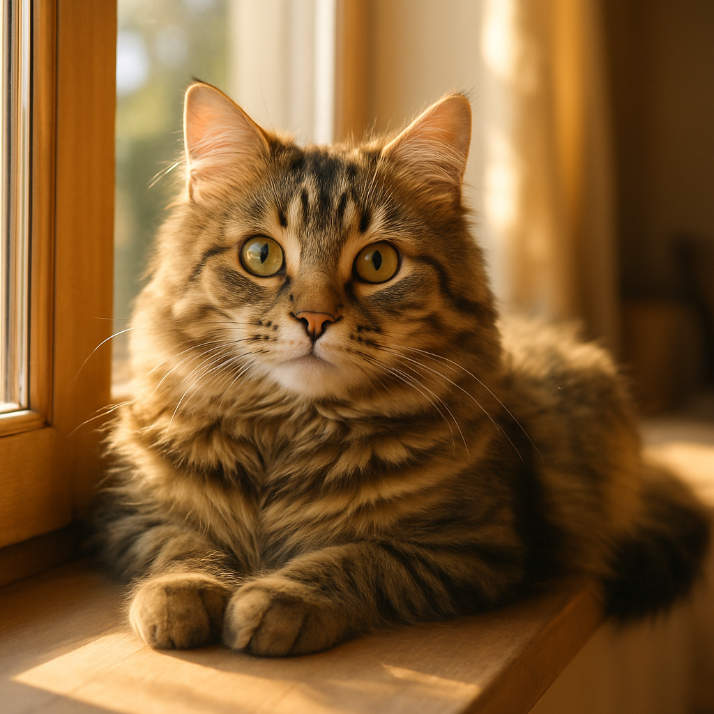 A tabby cat lounging on a sunny window sill.