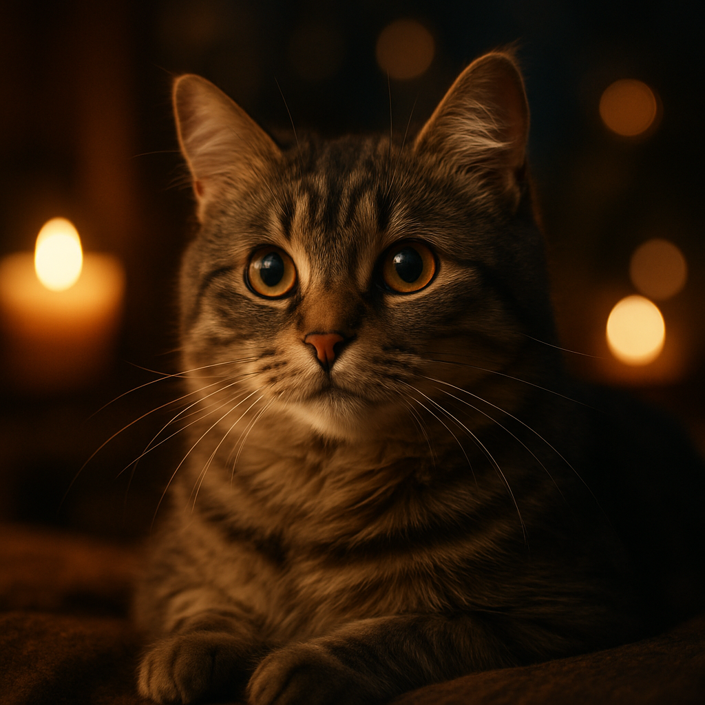 A curious gray tabby cat under moonlight.