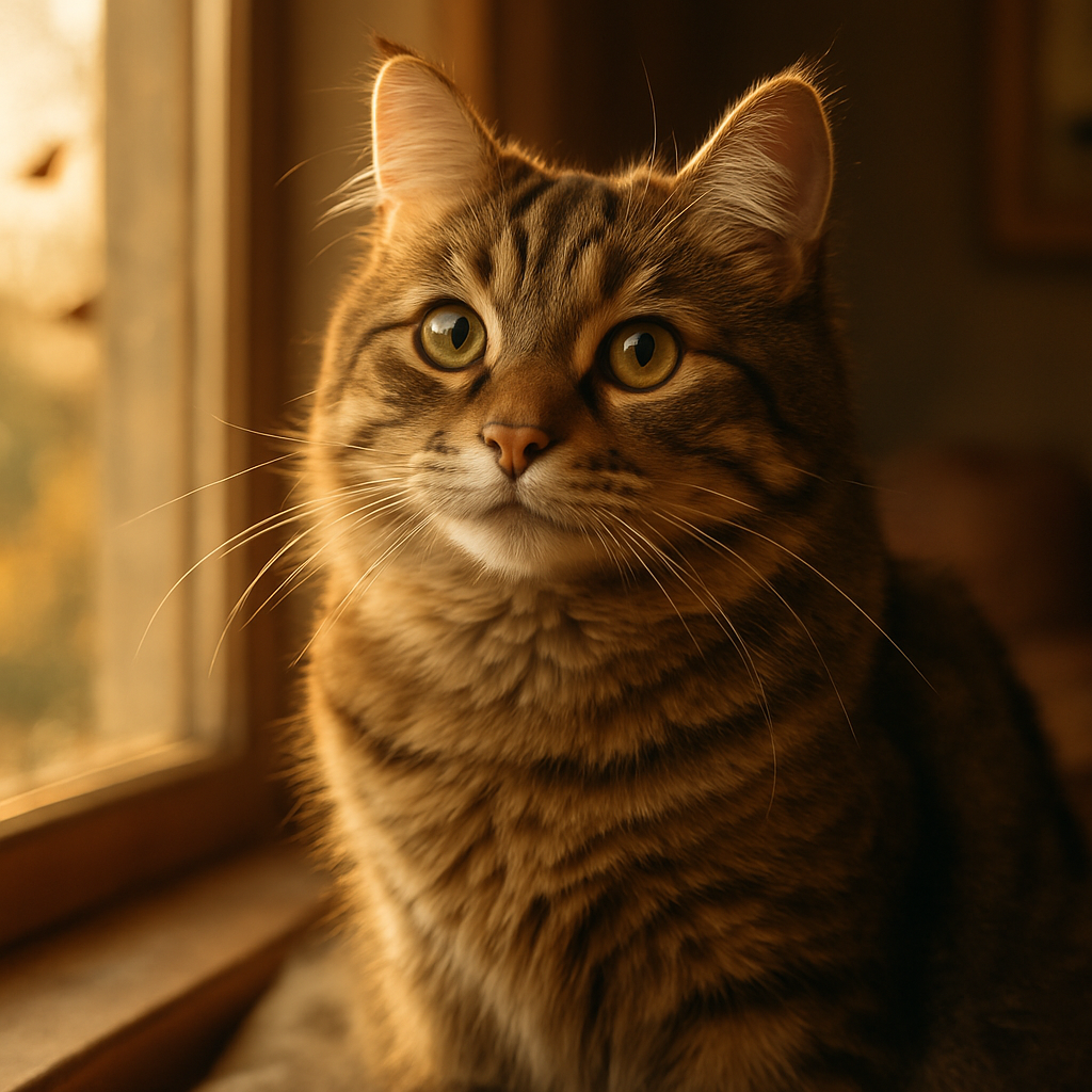 A tabby cat perched on a sunny windowsill observing birds.