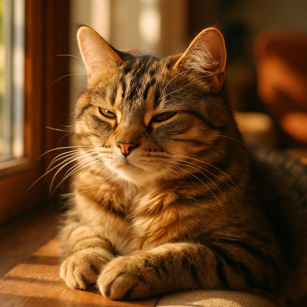 Tabby cat napping in the sunshine on a windowsill