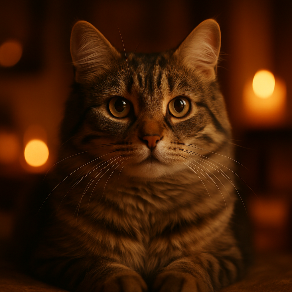 A tabby cat exploring a cozy home interior.