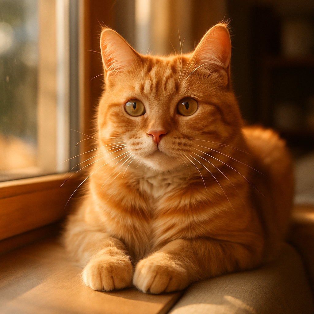 Ginger tabby cat lounging on a sunny windowsill