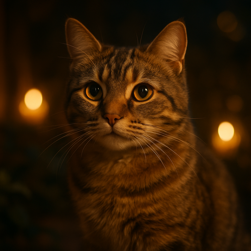 Tabby cat exploring a garden under moonlight.