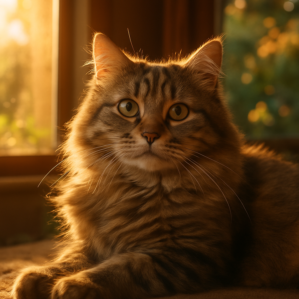 A fluffy tabby cat lounging in a sunlit garden