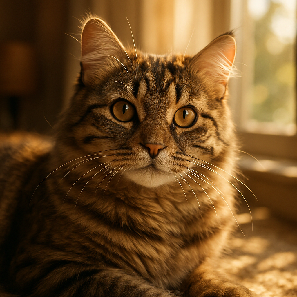 A tabby cat basking in the sun by a window.