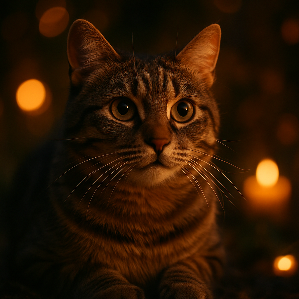 Tabby cat exploring a twilight garden