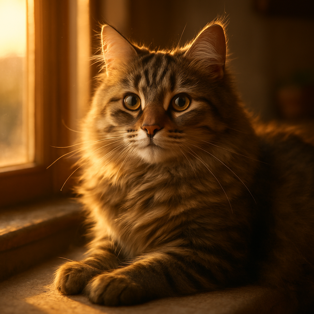 A fluffy tabby cat lounging on a sunny windowsill.