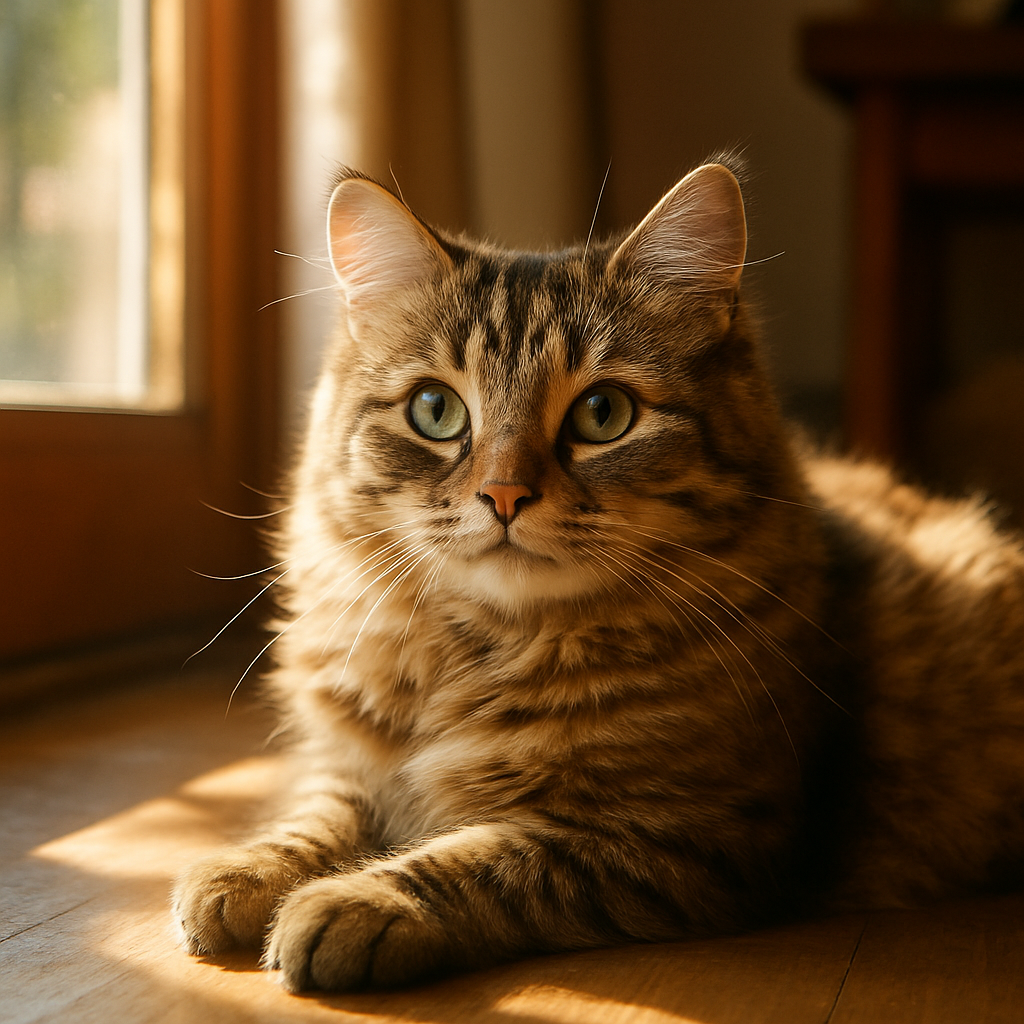A tabby cat lounging in a sunbeam by a window