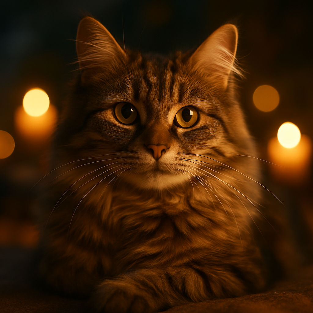 A fluffy tabby cat in a moonlit garden
