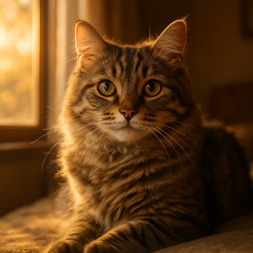 A tabby cat basking in morning sunlight by a window.