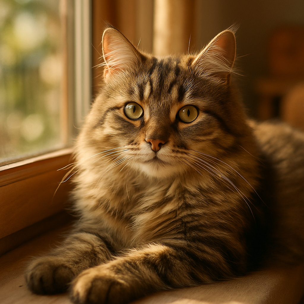 Fluffy tabby cat sunbathing on a windowsill