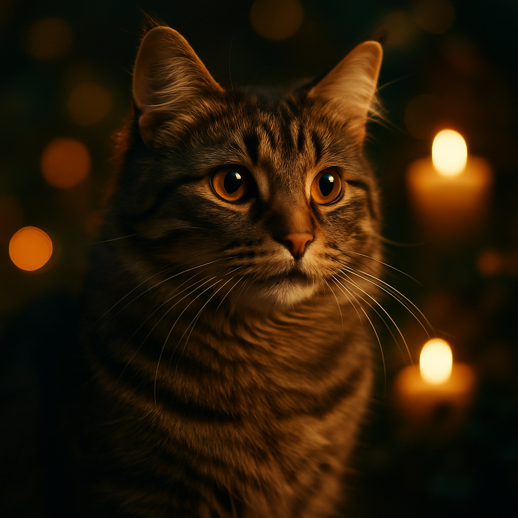 A tabby cat exploring a twilight garden.